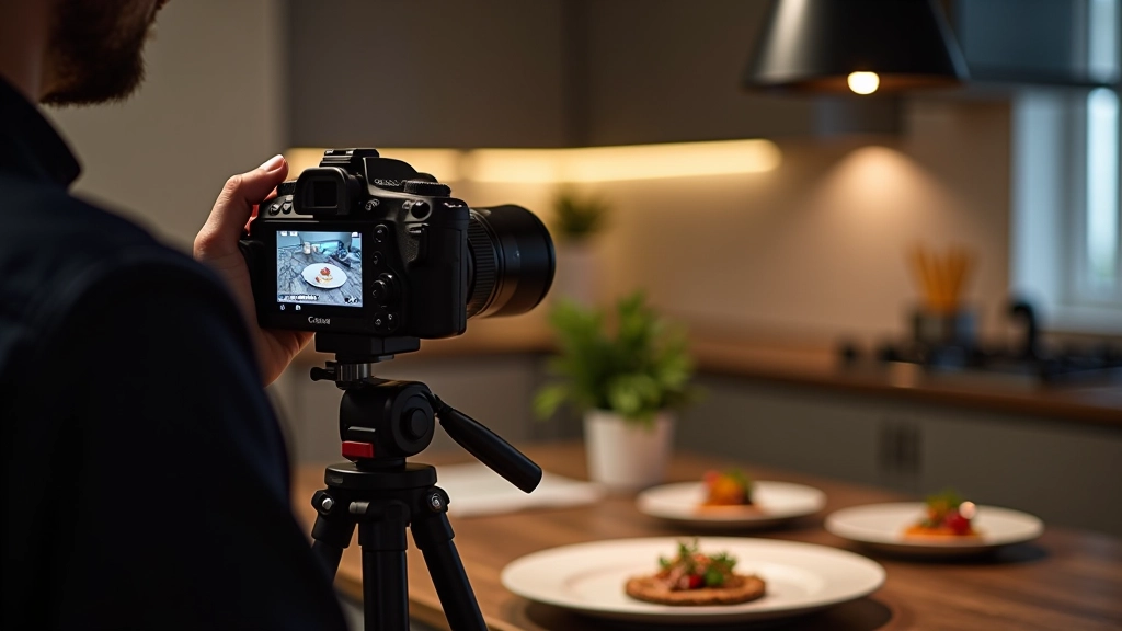 Fotografo professionista che scatta foto di piatti in cucina con luci professionali