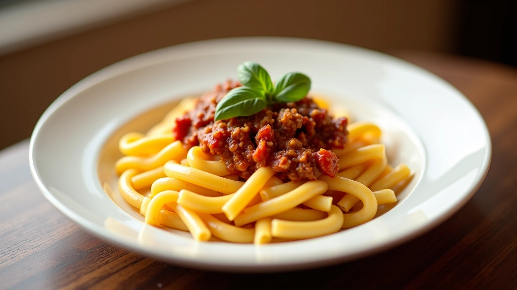 Primo piatto italiano gourmet con pasta fresca e ragù su un piatto di ceramica bianca con basilico fresco