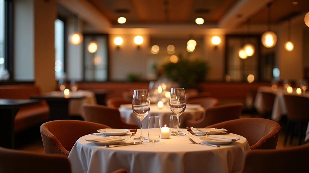 Ristorante italiano moderno con tavoli eleganti e illuminazione calda, vista dall'interno