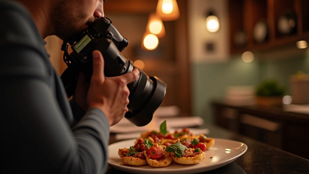 Fotografo che scatta foto professionali di piatti in un ristorante con attrezzatura di illuminazione