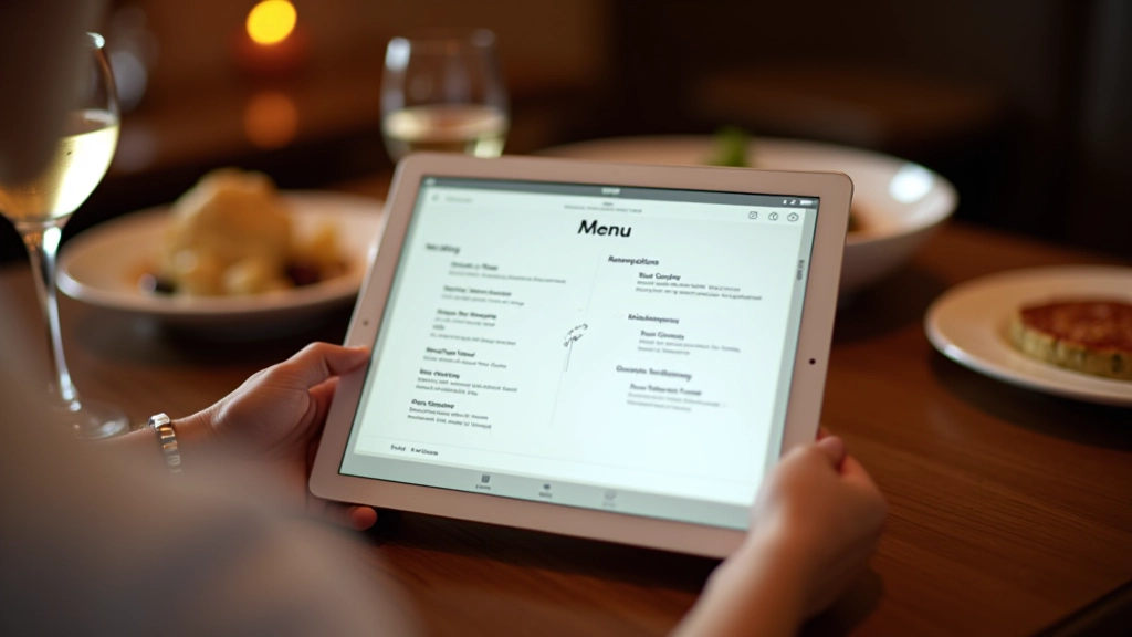 Tablet che mostra un menu digitale interattivo su un tavolo di legno in ristorante