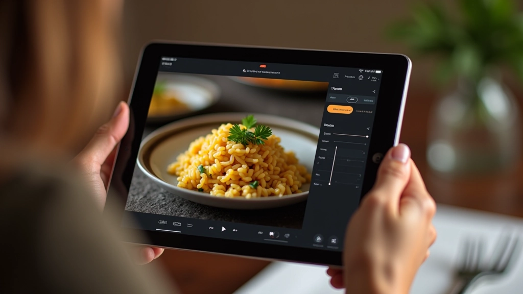 Schermo di tablet mostrante app di editing fotografico con piatto di risotto in fase di post-produzione